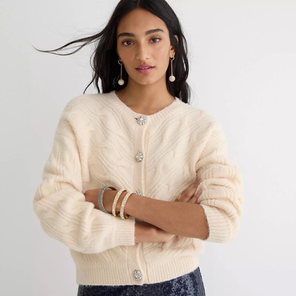 J Crew Cable-Knit Cardigan Sweater with Jewel Buttons NWT